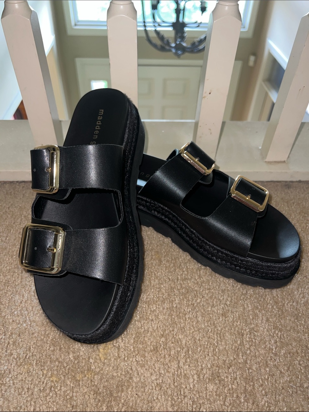 Madden Girl Black Platform Double-Buckle Sandals with Gold Buckles